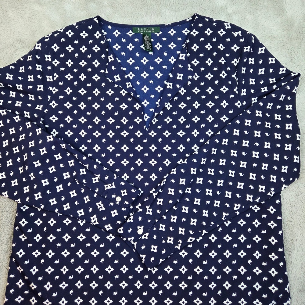 Lauren Ralph Lauren Blouse Womens L Geometric Foulard V-Neck Long Sleeve Navy